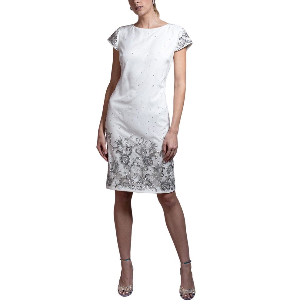 Marchesa Notte Womens Beaded Shift Cocktail Dress in Ivory 16